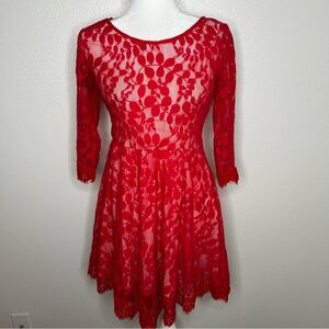Free People Womens Red Lace Floral Leaf Fit & Flare Mini Dress Size 2